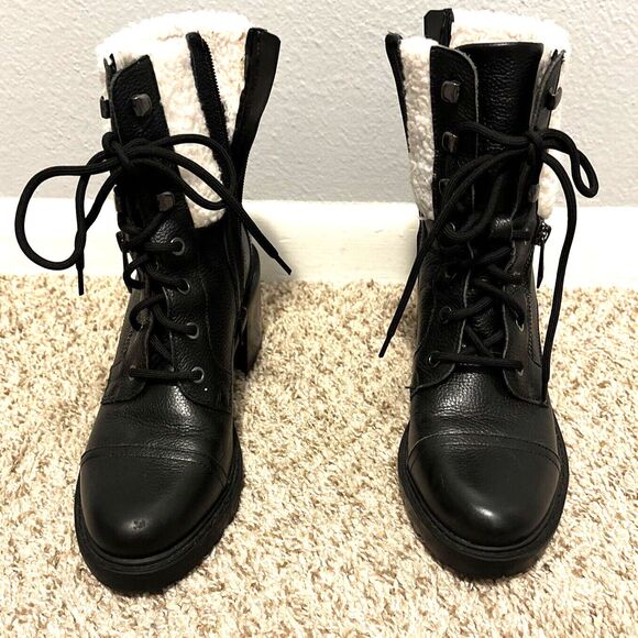 Marc Fisher Lace-Up Heeled Lansley Combat 8.5 Work Boot Shearling Lining Black - Picture 4 of 9